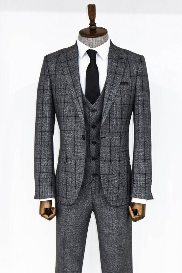 Slim Fit Ekose Koyu Gri Erkek Takım Elbise - 4