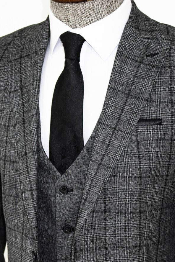 Slim Fit Ekose Koyu Gri Erkek Takım Elbise - 6