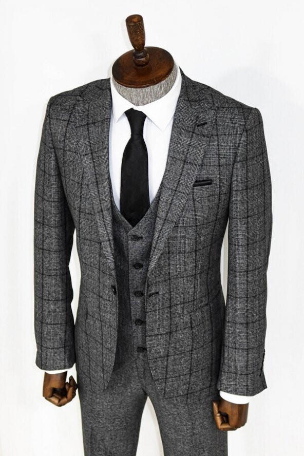 Slim Fit Ekose Koyu Gri Erkek Takım Elbise - 8