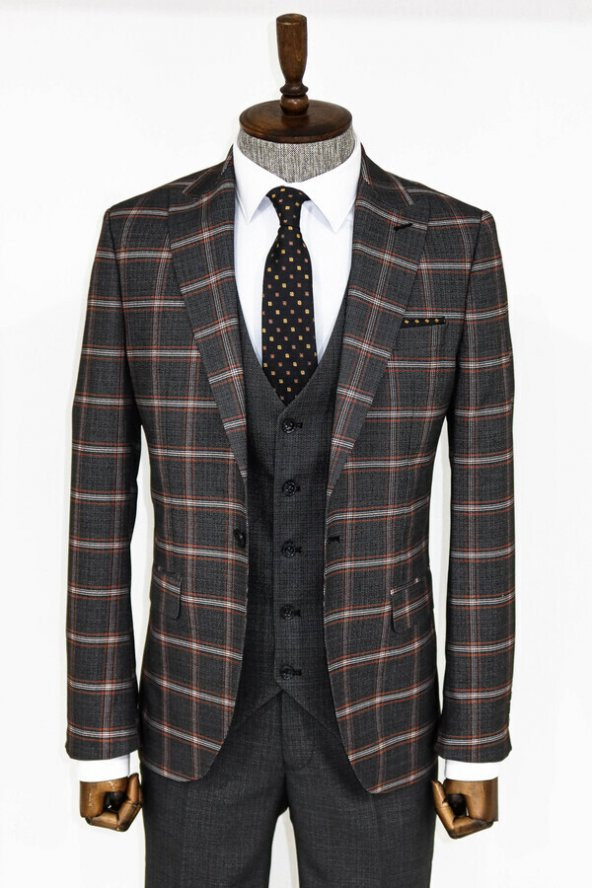 Ekose Desenli Siyah Slim Fit Takım Elbise