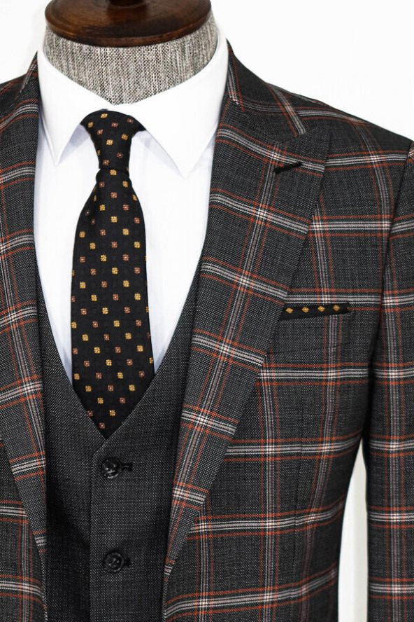 Ekose Desenli Siyah Slim Fit Takım Elbise - 2