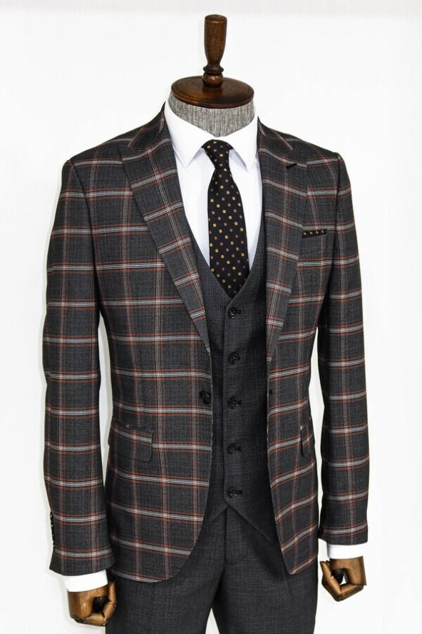 Ekose Desenli Siyah Slim Fit Takım Elbise - 3