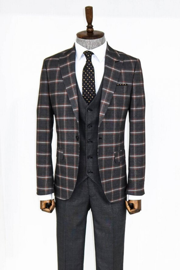 Ekose Desenli Siyah Slim Fit Takım Elbise - 4
