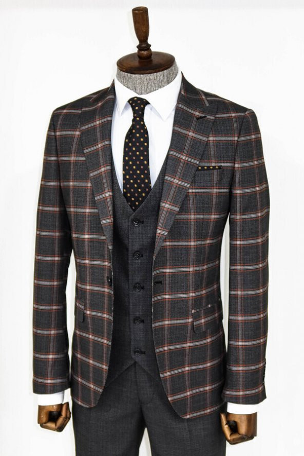 Ekose Desenli Siyah Slim Fit Takım Elbise - 5