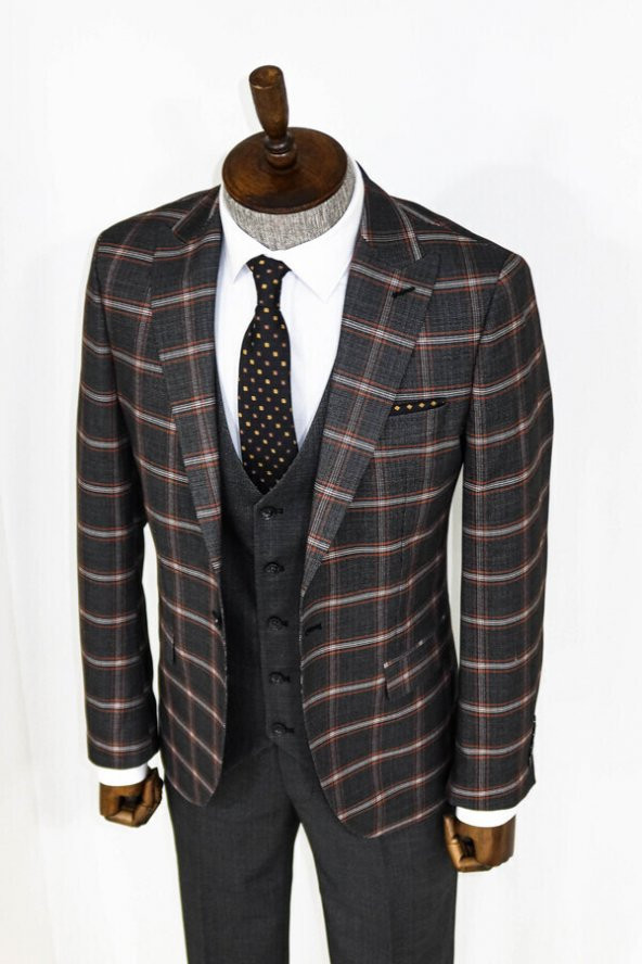 Ekose Desenli Siyah Slim Fit Takım Elbise - 7