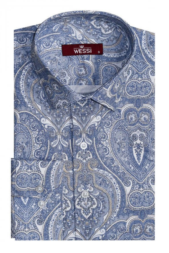 Damask Desenli Slim Fit Uzun Kollu Mavi Erkek Gömlek