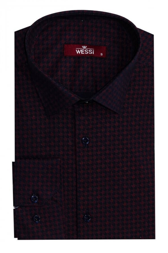 Kaz Ayağı Desenli Slim Fit Bordo Erkek Gömlek