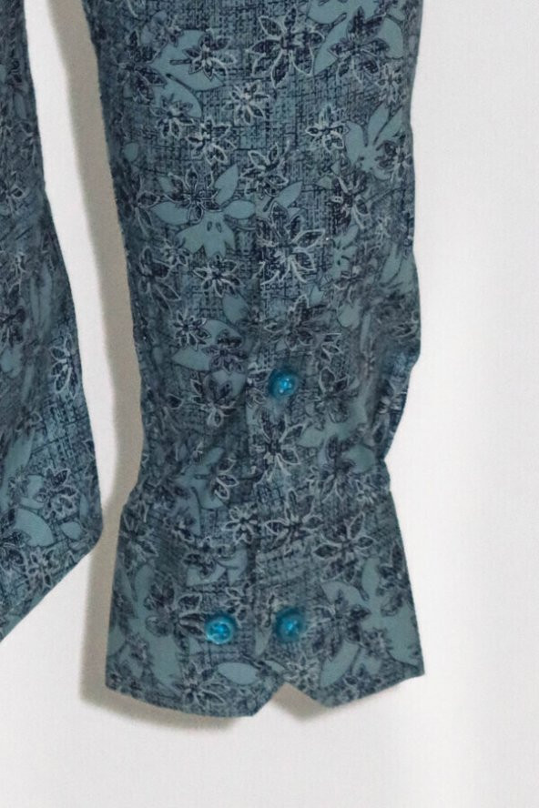 Çiçek Desenli Yeşil Slim Fit Gömlek - 2