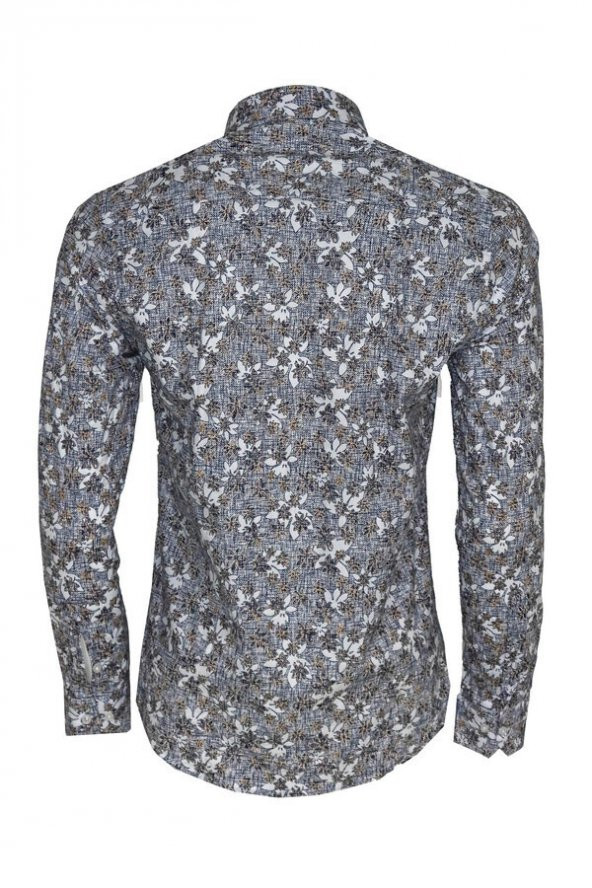 Çiçek Desenli Gri Slim Fit Gömlek - 2