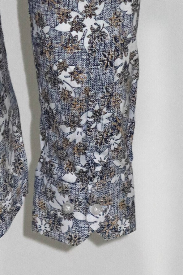 Çiçek Desenli Gri Slim Fit Gömlek - 3