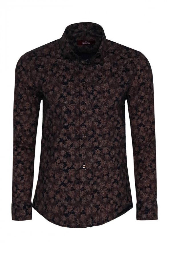 Çiçek Desenli Kahverengi Slim Fit Gömlek