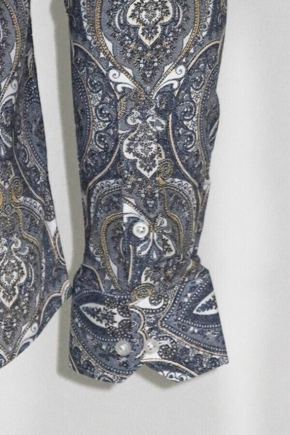 Damask Desenli Mavi Slim Fit Gömlek - 3