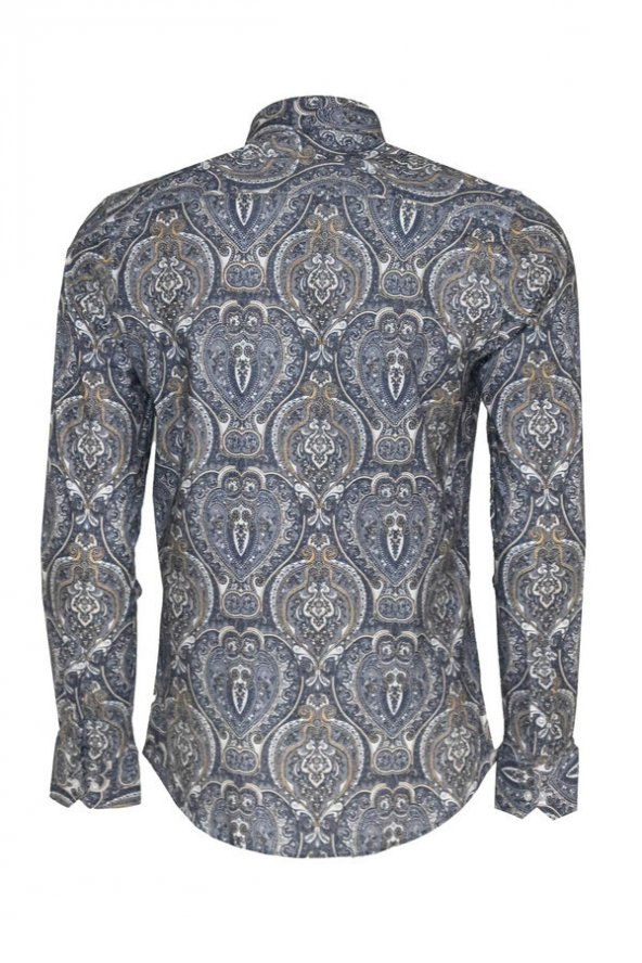Damask Desenli Mavi Slim Fit Gömlek - 4