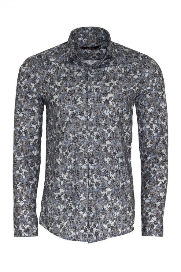 Çiçek Desenli Gri Slim Fit Gömlek - 4