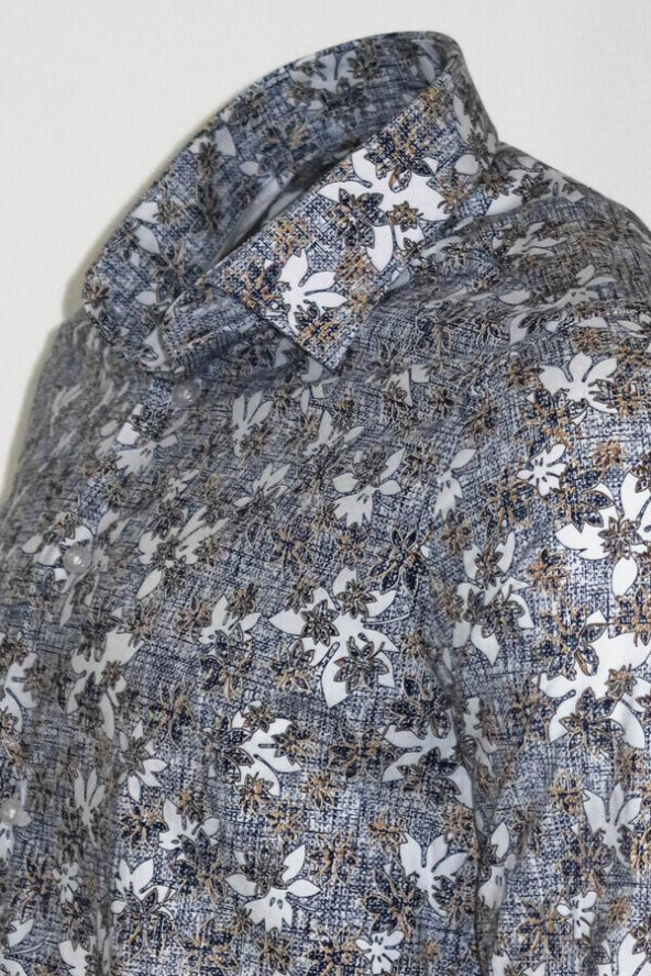 Çiçek Desenli Gri Slim Fit Gömlek
