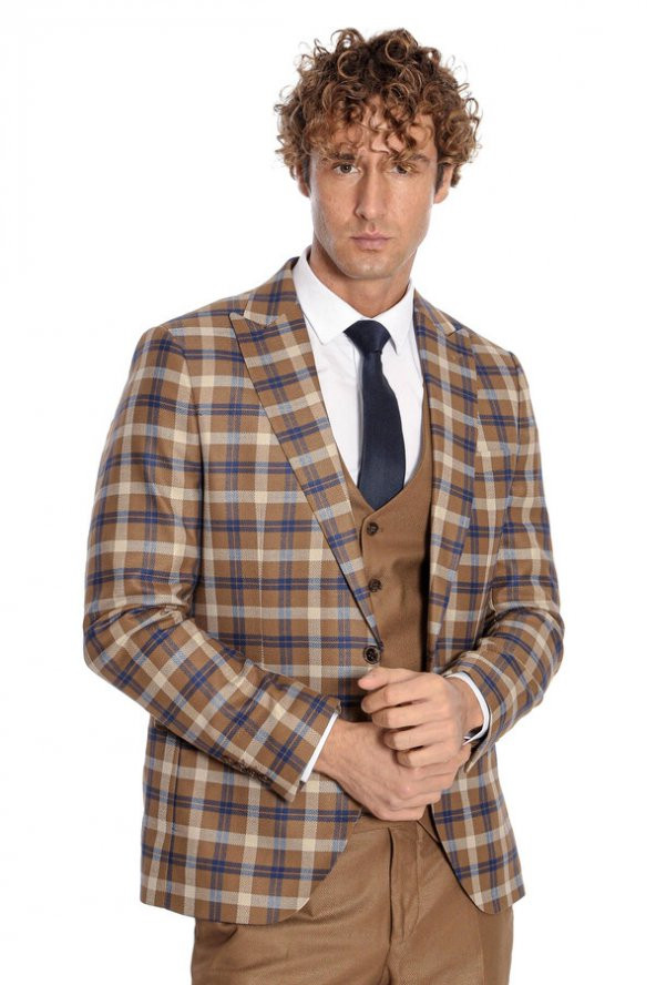 Ekose Ceketli Slim Fit Kahverengi Erkek Takım Elbise - 3