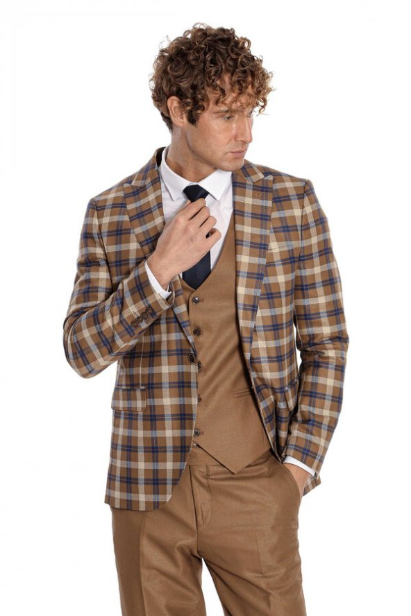 Ekose Ceketli Slim Fit Kahverengi Erkek Takım Elbise - 4