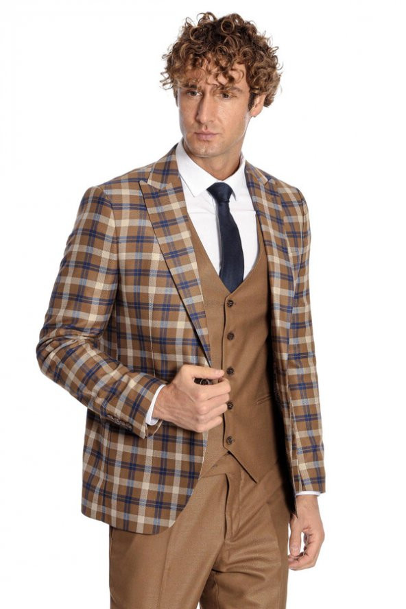 Ekose Ceketli Slim Fit Kahverengi Erkek Takım Elbise - 5