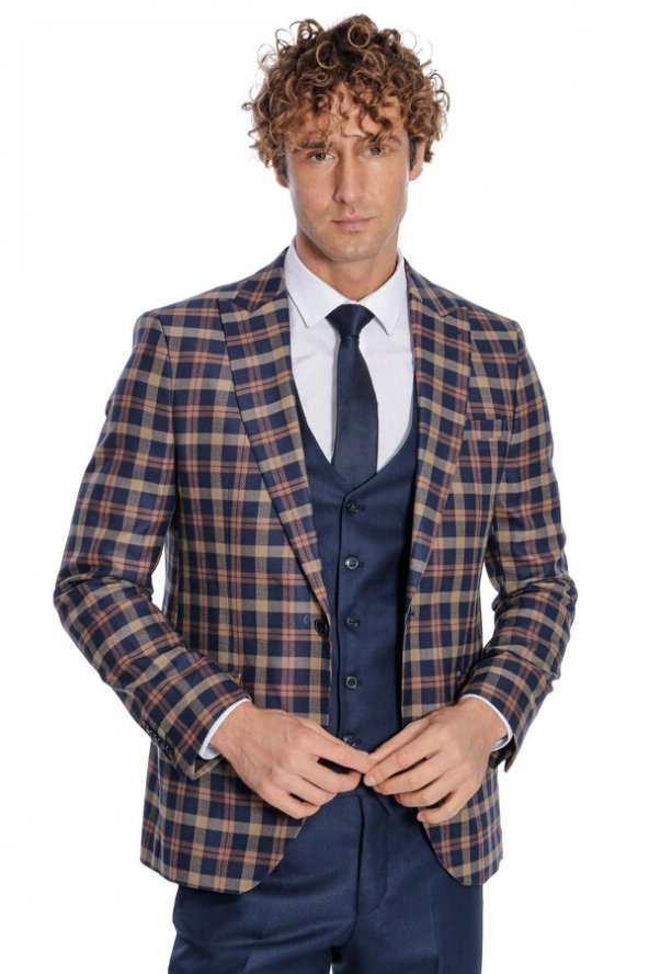 Ekose Ceketli Slim Fit Lacivert Erkek Takım Elbise