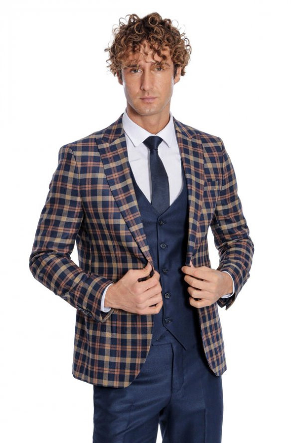 Ekose Ceketli Slim Fit Lacivert Erkek Takım Elbise - 3