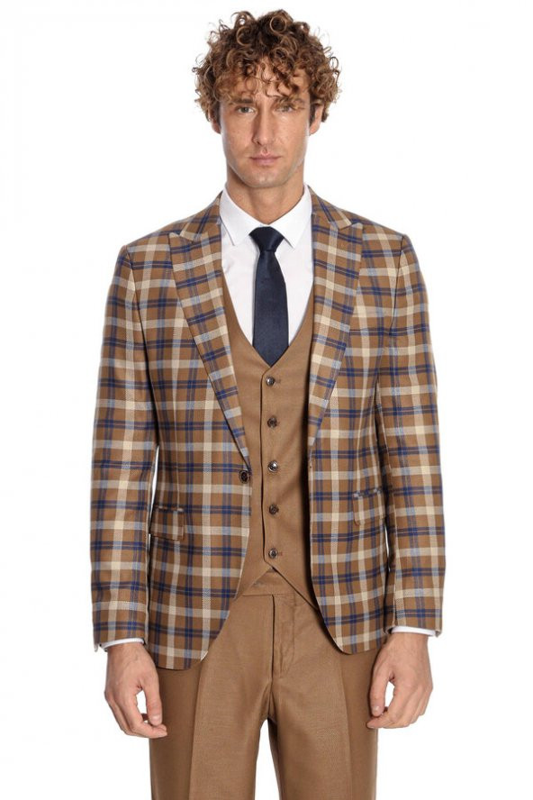 Ekose Ceketli Slim Fit Kahverengi Erkek Takım Elbise - 9