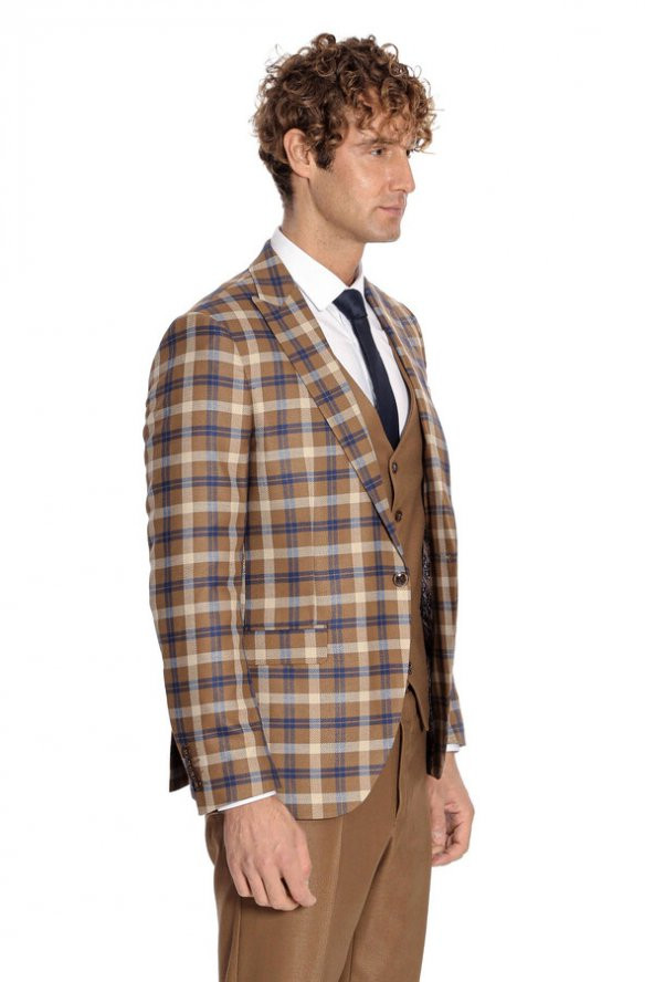 Ekose Ceketli Slim Fit Kahverengi Erkek Takım Elbise - 10