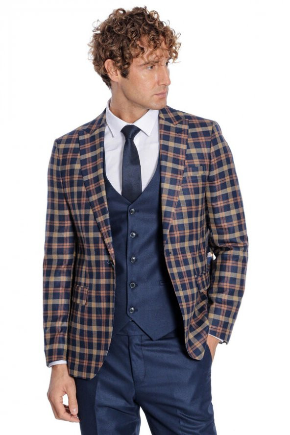 Ekose Ceketli Slim Fit Lacivert Erkek Takım Elbise - 6