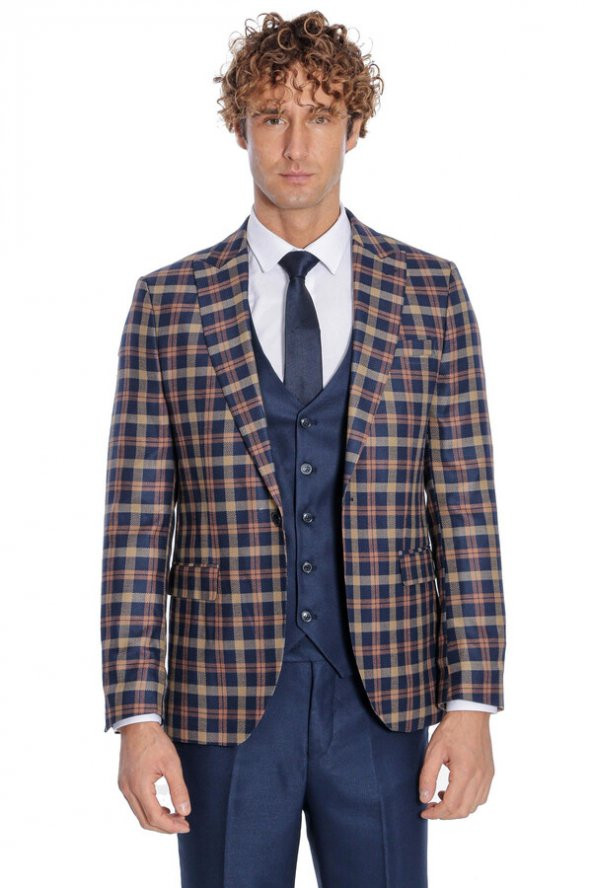Ekose Ceketli Slim Fit Lacivert Erkek Takım Elbise - 8