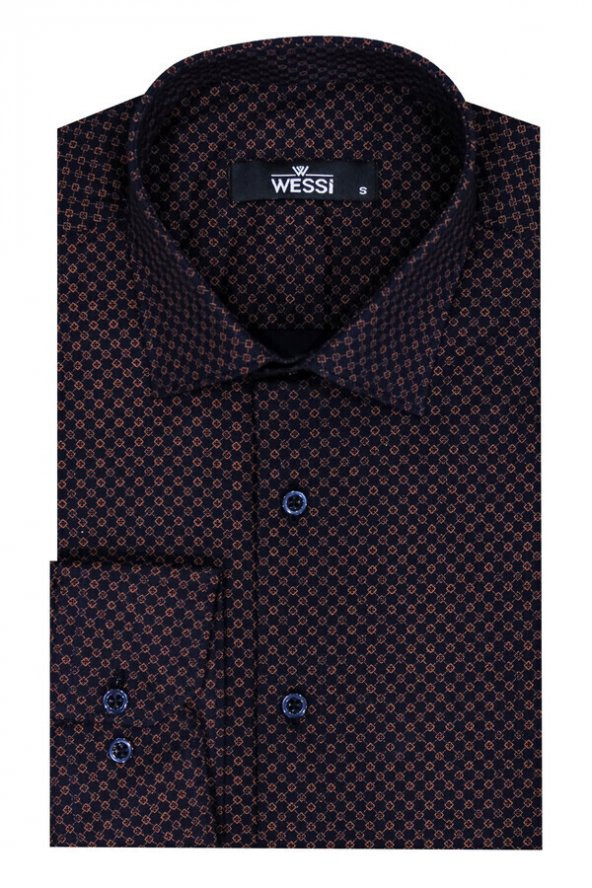 Kahverengi Mini Kare Desenli Slim Fit Gömlek - 2