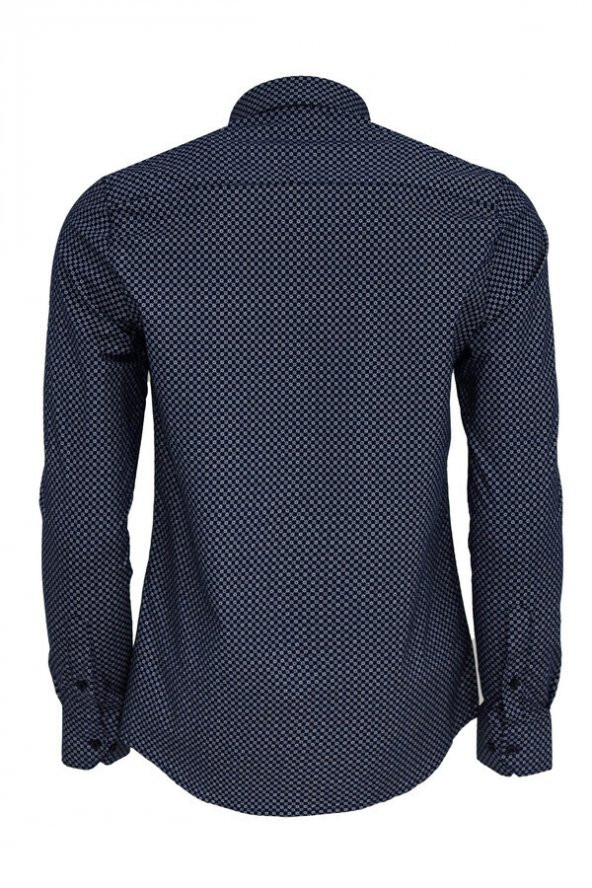 Mavi Mini Kare Desenli Slim Fit Gömlek - 2