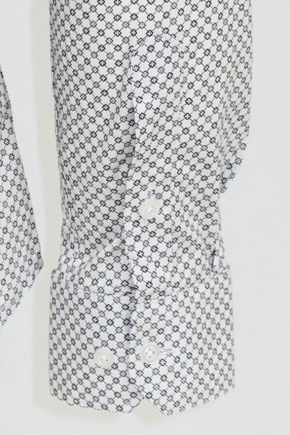 Beyaz Mini Kare Desenli Slim Fit Gömlek - 3