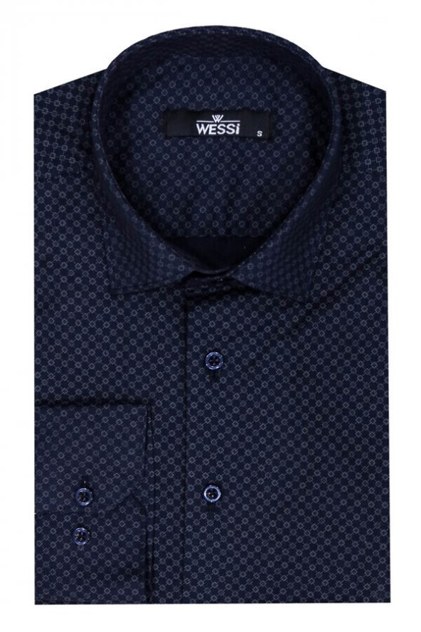 Koyu Lacivert Mini Kare Desenli Slim Fit Gömlek