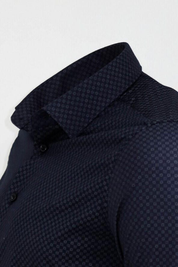 Koyu Lacivert Mini Kare Desenli Slim Fit Gömlek - 3
