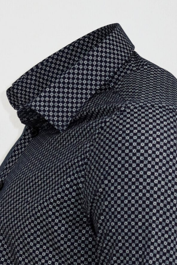 Lacivert Mini Kare Desenli Slim Fit Gömlek - 3