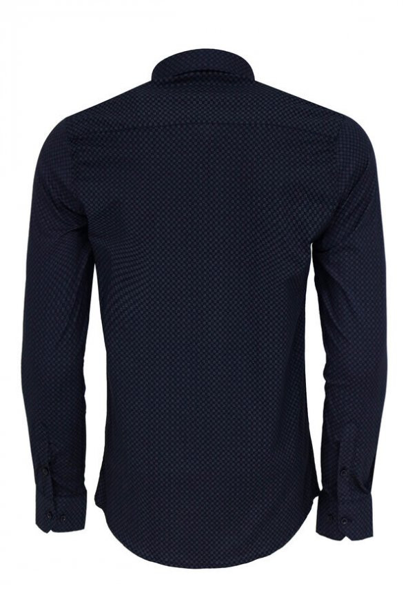 Koyu Lacivert Mini Kare Desenli Slim Fit Gömlek - 4