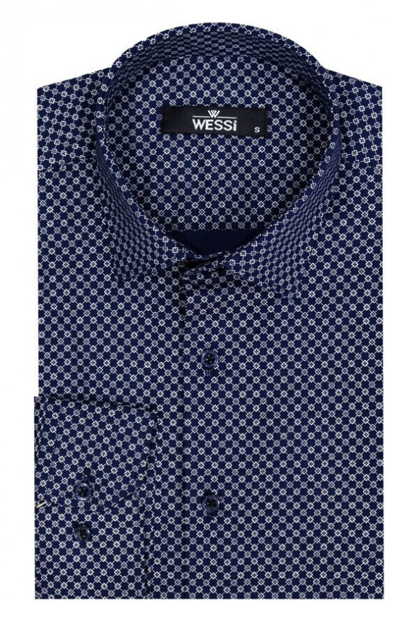 Mavi Mini Kare Desenli Slim Fit Gömlek