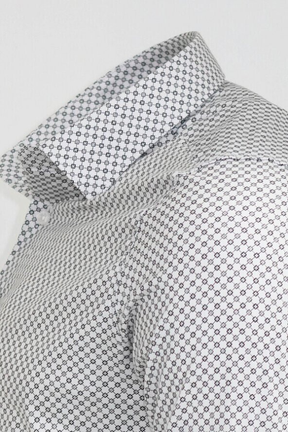 Beyaz Mini Kare Desenli Slim Fit Gömlek - 4