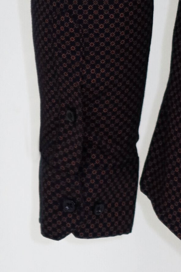 Kahverengi Mini Kare Desenli Slim Fit Gömlek - 4