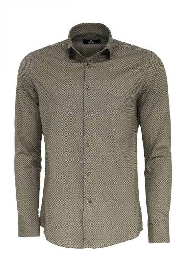 Açık Kahve Mini Kare Desenli Slim Fit Gömlek - 4
