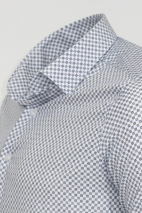 Beyaz Mini Kare Desenli Slim Fit Gömlek - 3