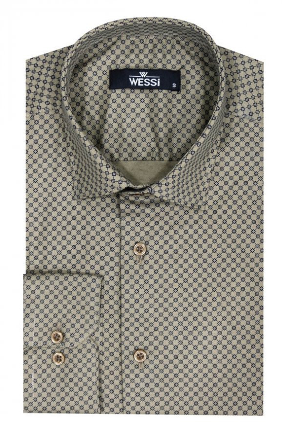 Açık Kahve Mini Kare Desenli Slim Fit Gömlek