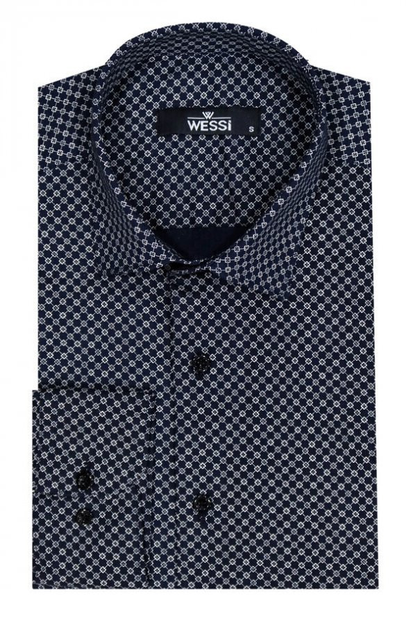 Lacivert Mini Kare Desenli Slim Fit Gömlek - 2
