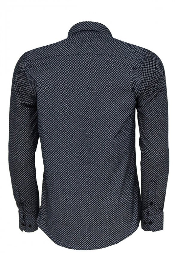Lacivert Mini Kare Desenli Slim Fit Gömlek - 5
