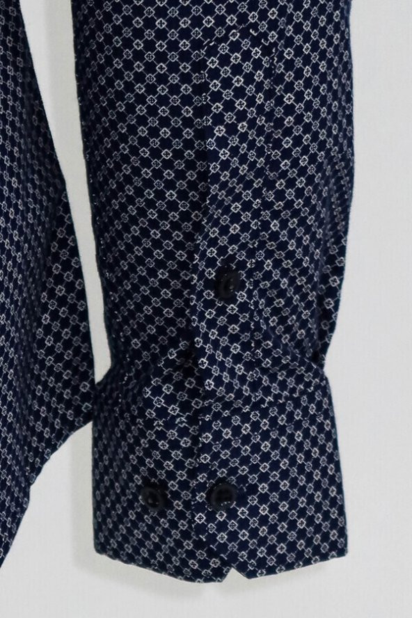Mavi Mini Kare Desenli Slim Fit Gömlek - 5