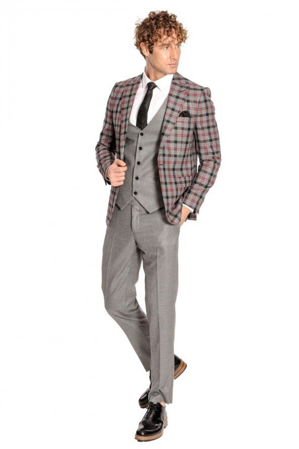 Ekose Ceketli Slim Fit Gri Erkek Takım Elbise - 6