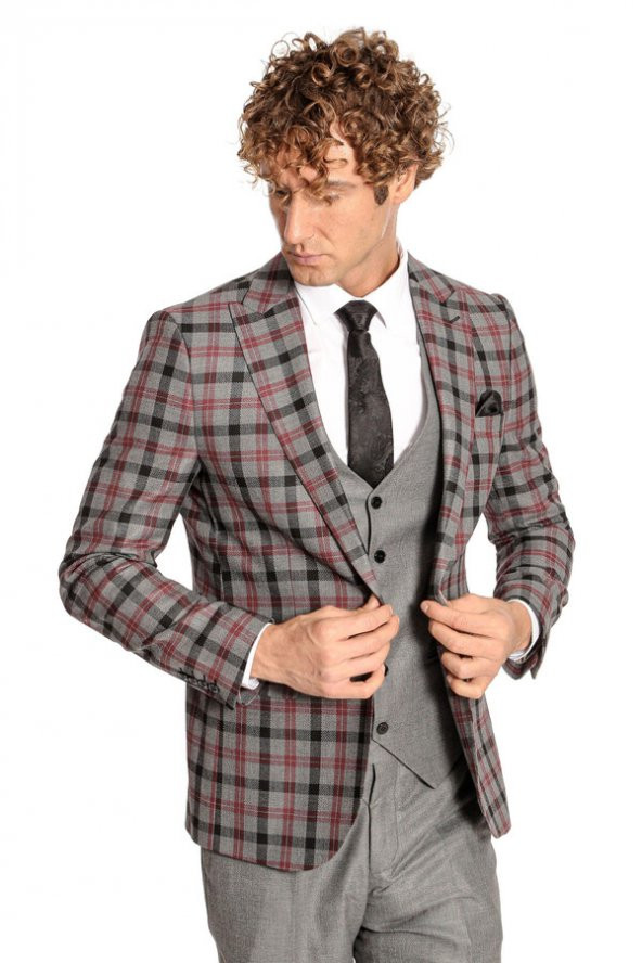 Ekose Ceketli Slim Fit Gri Erkek Takım Elbise - 7