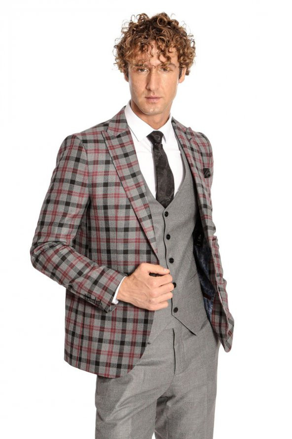 Ekose Ceketli Slim Fit Gri Erkek Takım Elbise - 8