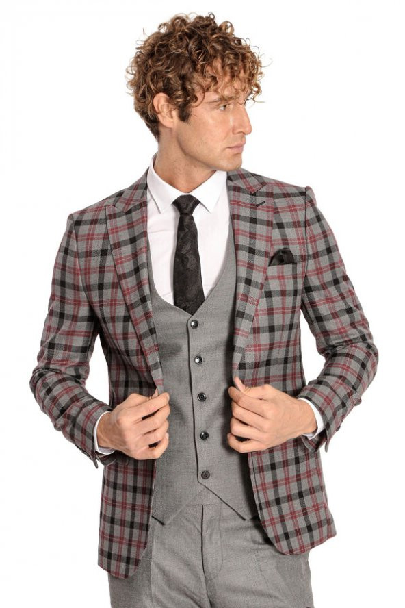 Ekose Ceketli Slim Fit Gri Erkek Takım Elbise - 5