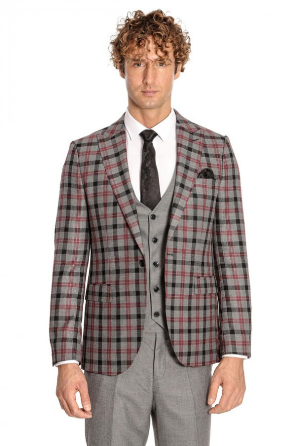 Ekose Ceketli Slim Fit Gri Erkek Takım Elbise - 9