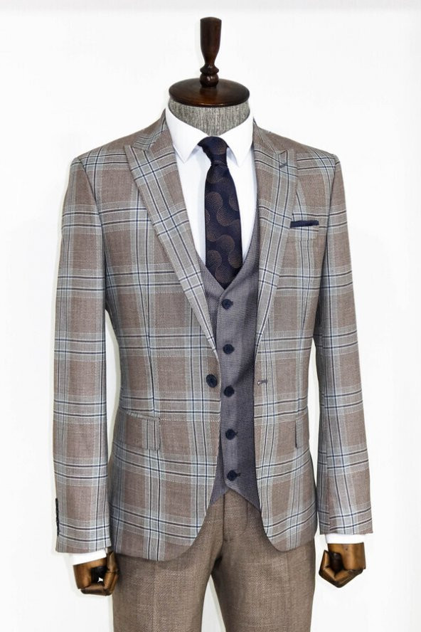 Slim Fit Yelekli Açık Kahverengi Erkek Takım Elbise - 2